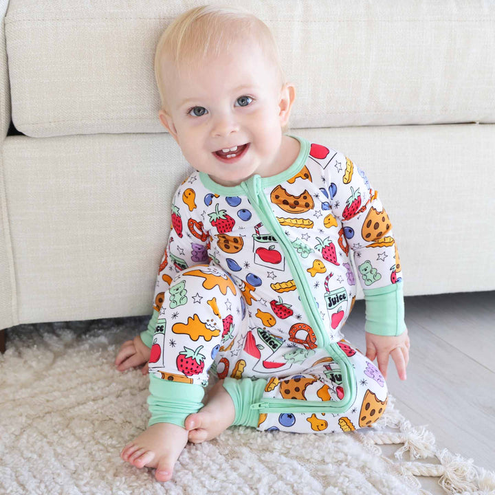 snack time convertible zip romper pajama for babies and toddlers