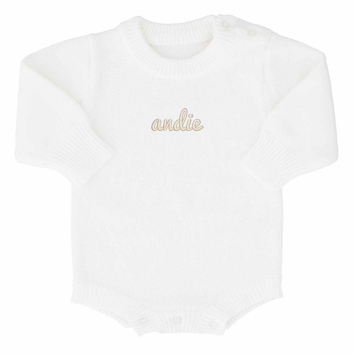 white embroidered knit bubble romper with script font 