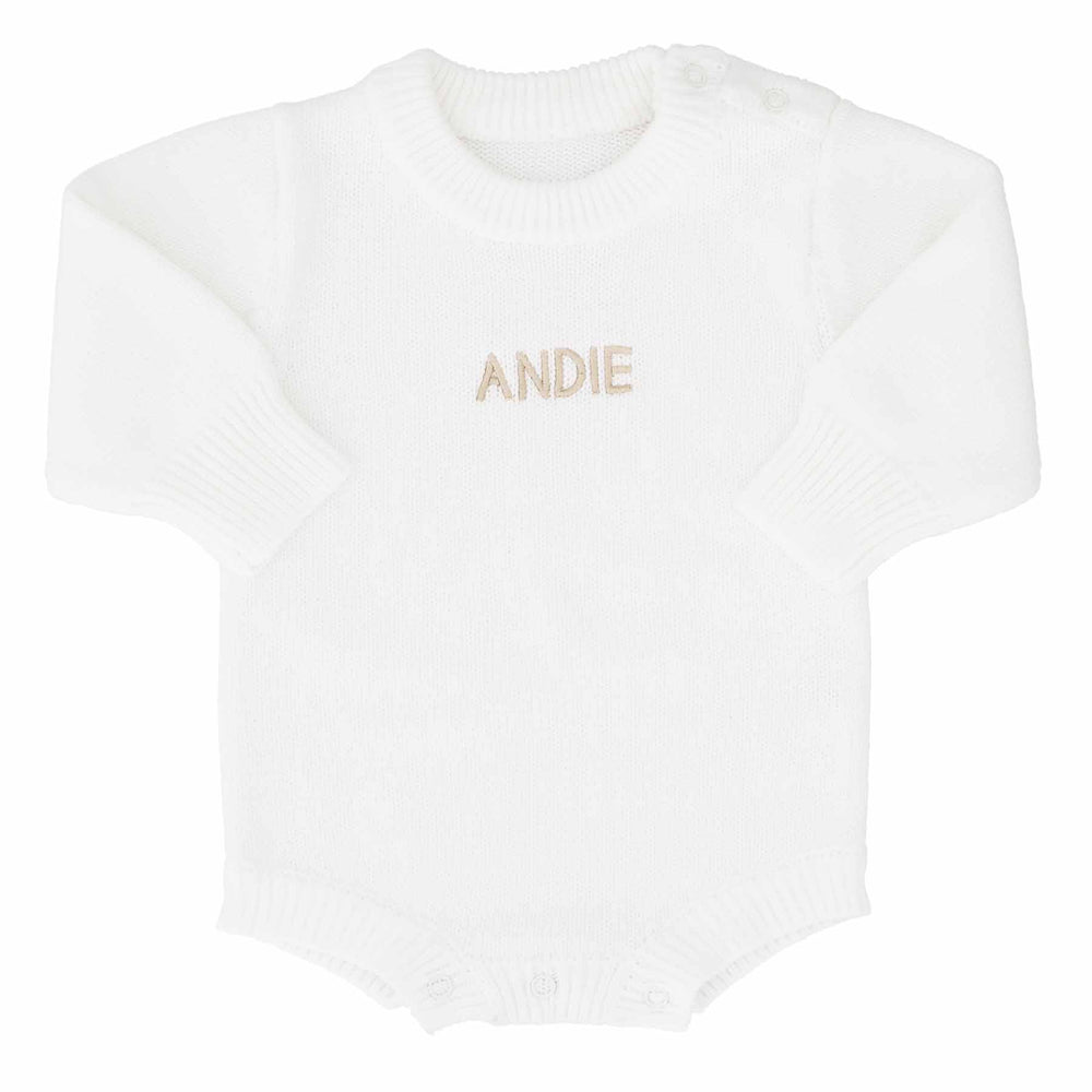 white embroidered long sleeve knit sweater romper for babies 