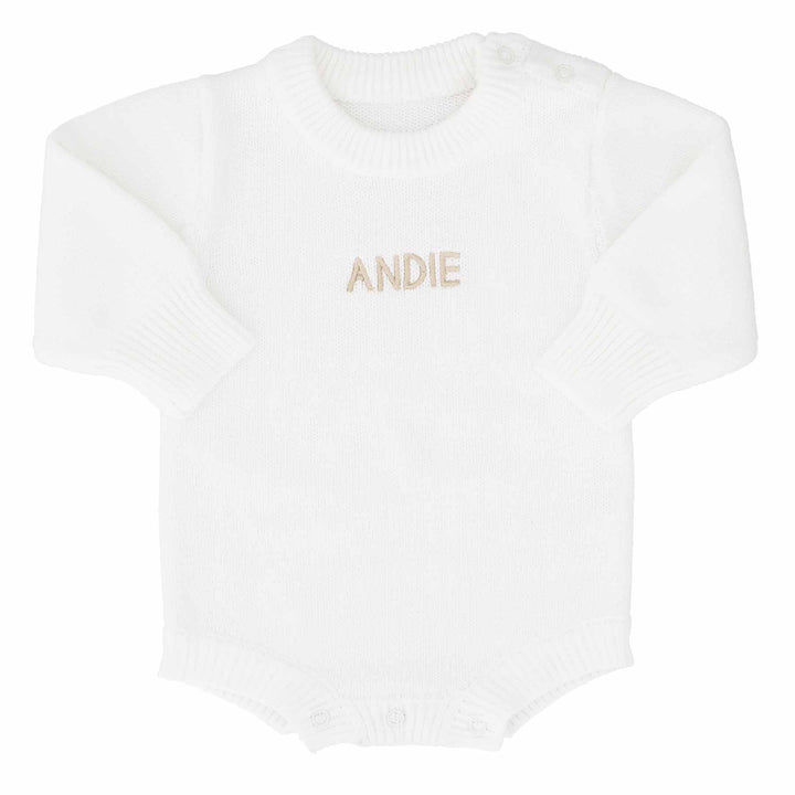 white embroidered long sleeve knit sweater romper for babies 