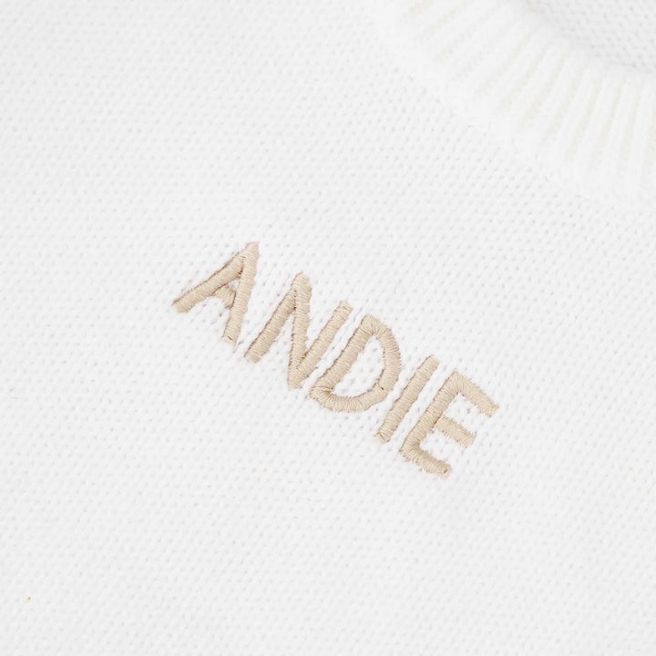 white personalized knit sweater romper for babies 