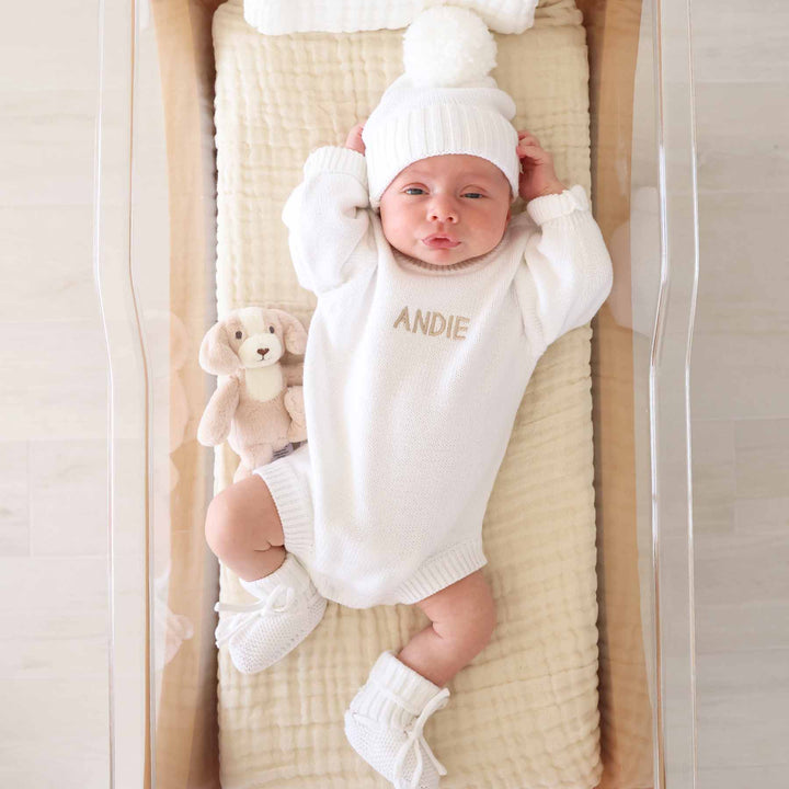 snow personalized knit sweater bubble romper set with matching beanie and booties