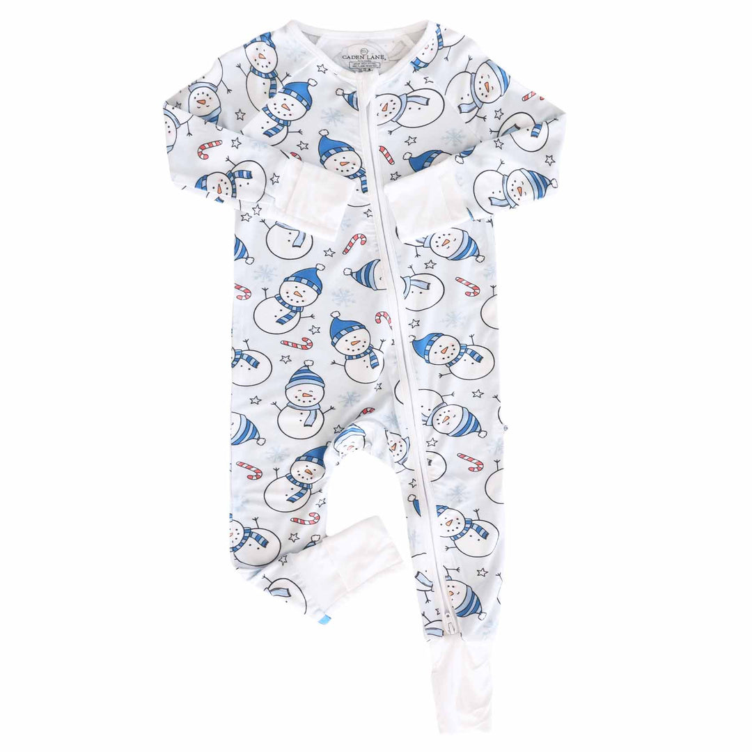 convertible zip romper for babies blue snowman