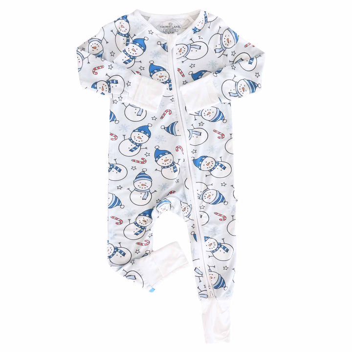 convertible zip romper for babies blue snowman