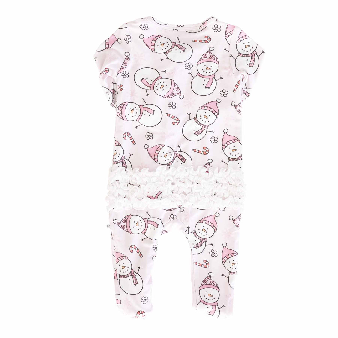 pink snowman ruffle zipper footie for babies