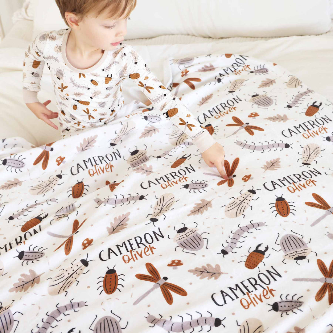 white, brown and taupe bug personalized kids blanket 