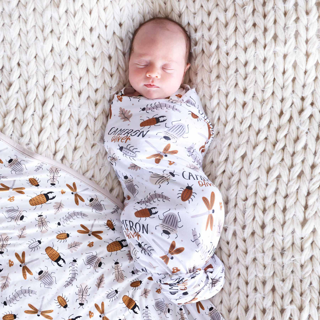 neutral bug personalized newborn baby swaddle