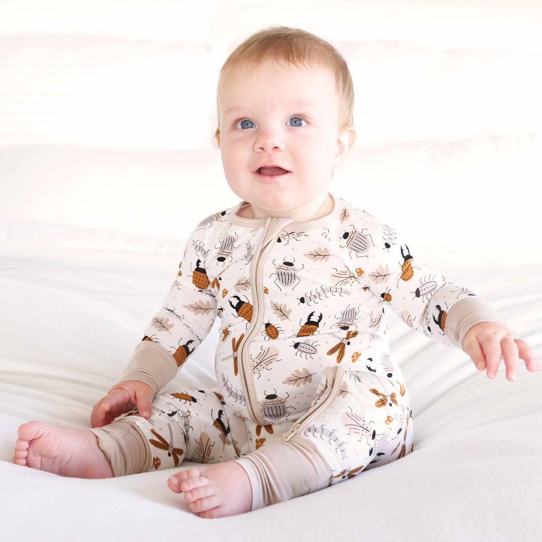 snuggle bug white, brown and taupe convertible zip romper pajama for babies and toddlers 
