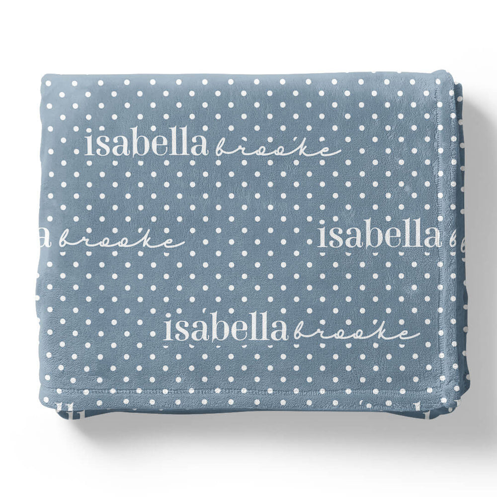 dusty blue blanket for kids with white polka dots personalized with name 