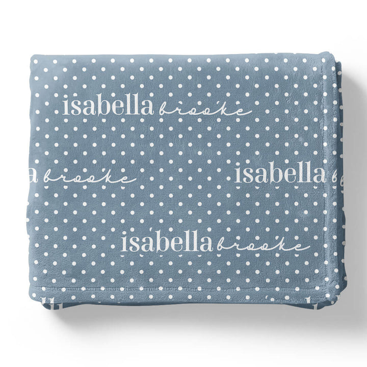 dusty blue blanket for kids with white polka dots personalized with name 