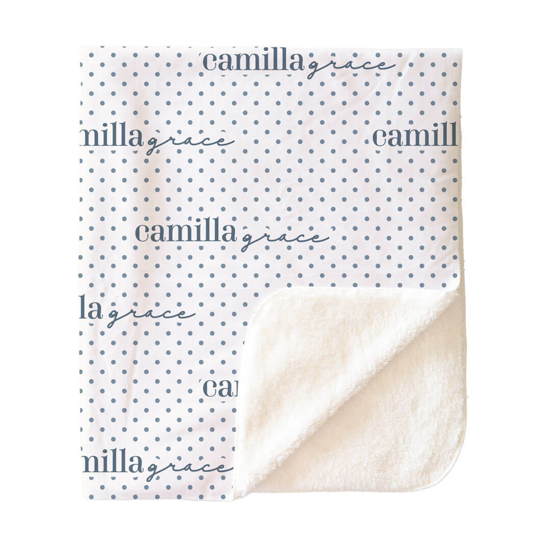 sherpa white personalized kids blanket with dusty blue polka dots and kid's name 