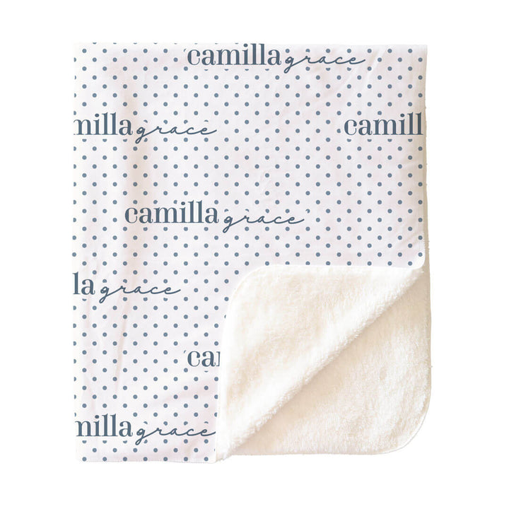 sherpa white personalized kids blanket with dusty blue polka dots and kid's name 