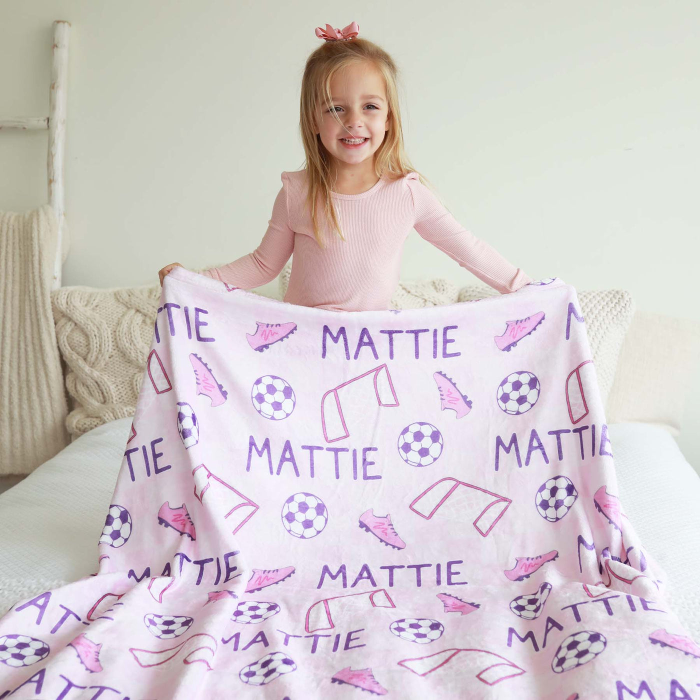 pink personalized kids blanket soccer themed 