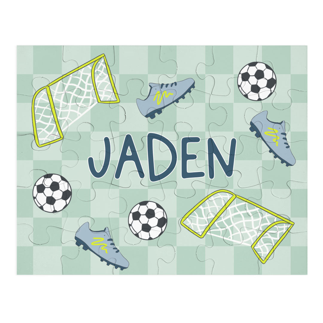 personalized kids puzzle soccer star green 