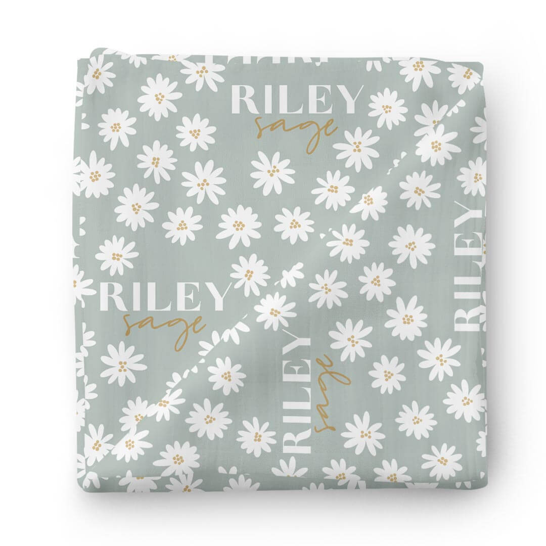 light green daisy personalized swaddle blanket 