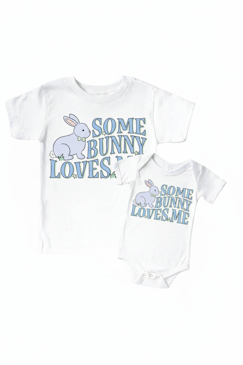 Some Bunny Loves Me Blue Graphic Bodysuit & Kids Tee | White