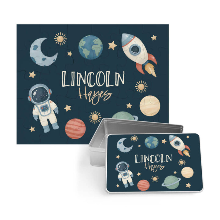 space personalized puzzle for kids with matching tin 