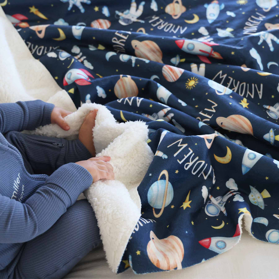 kids personalized space blanket with sherpa backing