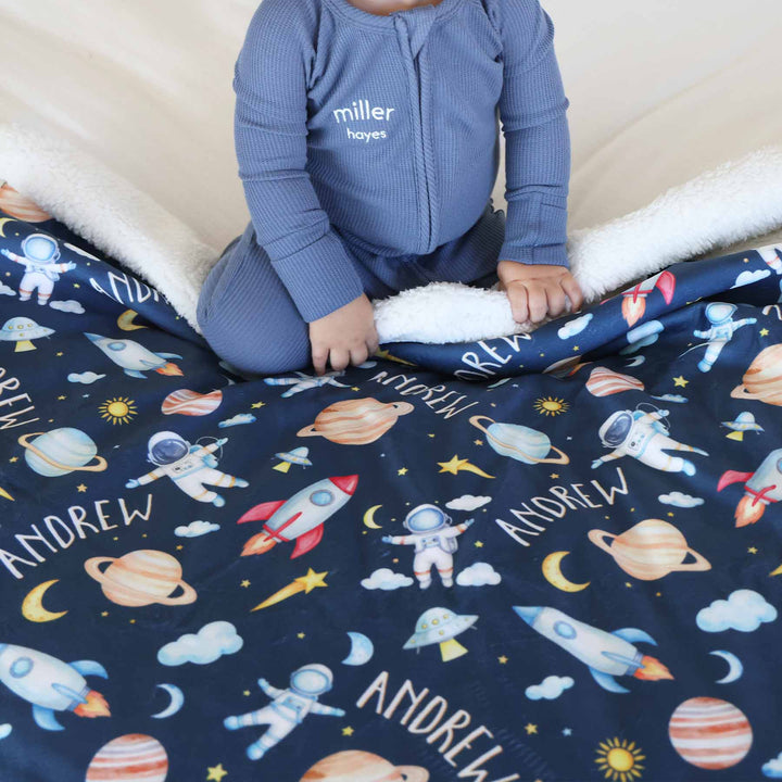 astronaut, spaceship and planet personalized blanket for kids 