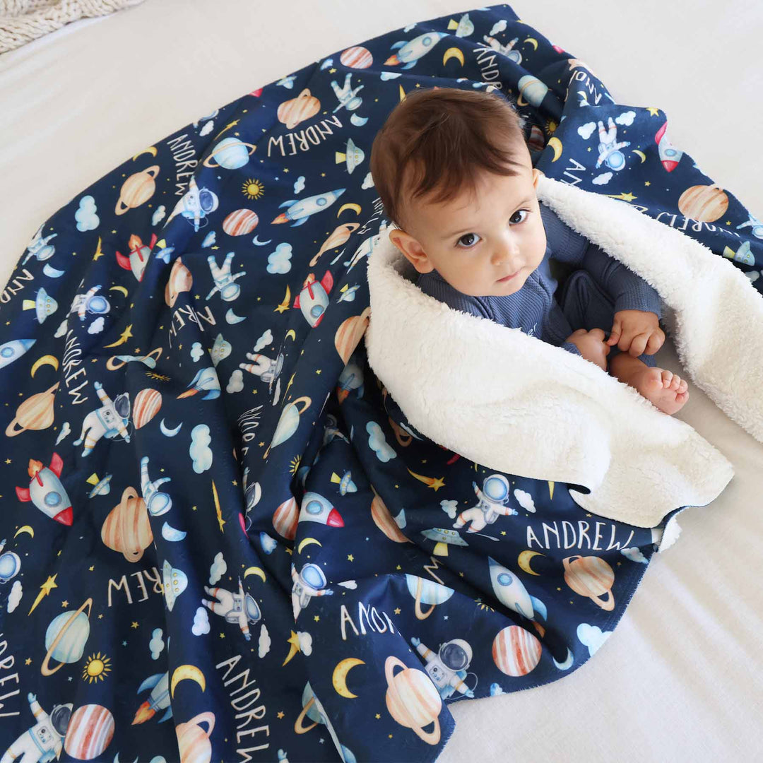 navy space ship themed personalized sherpa blanket for boys 