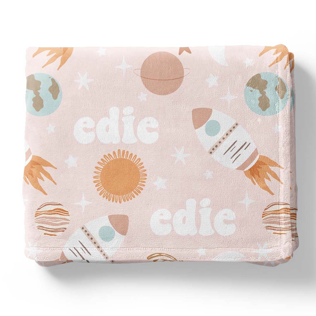 space personalized kids blanket pink