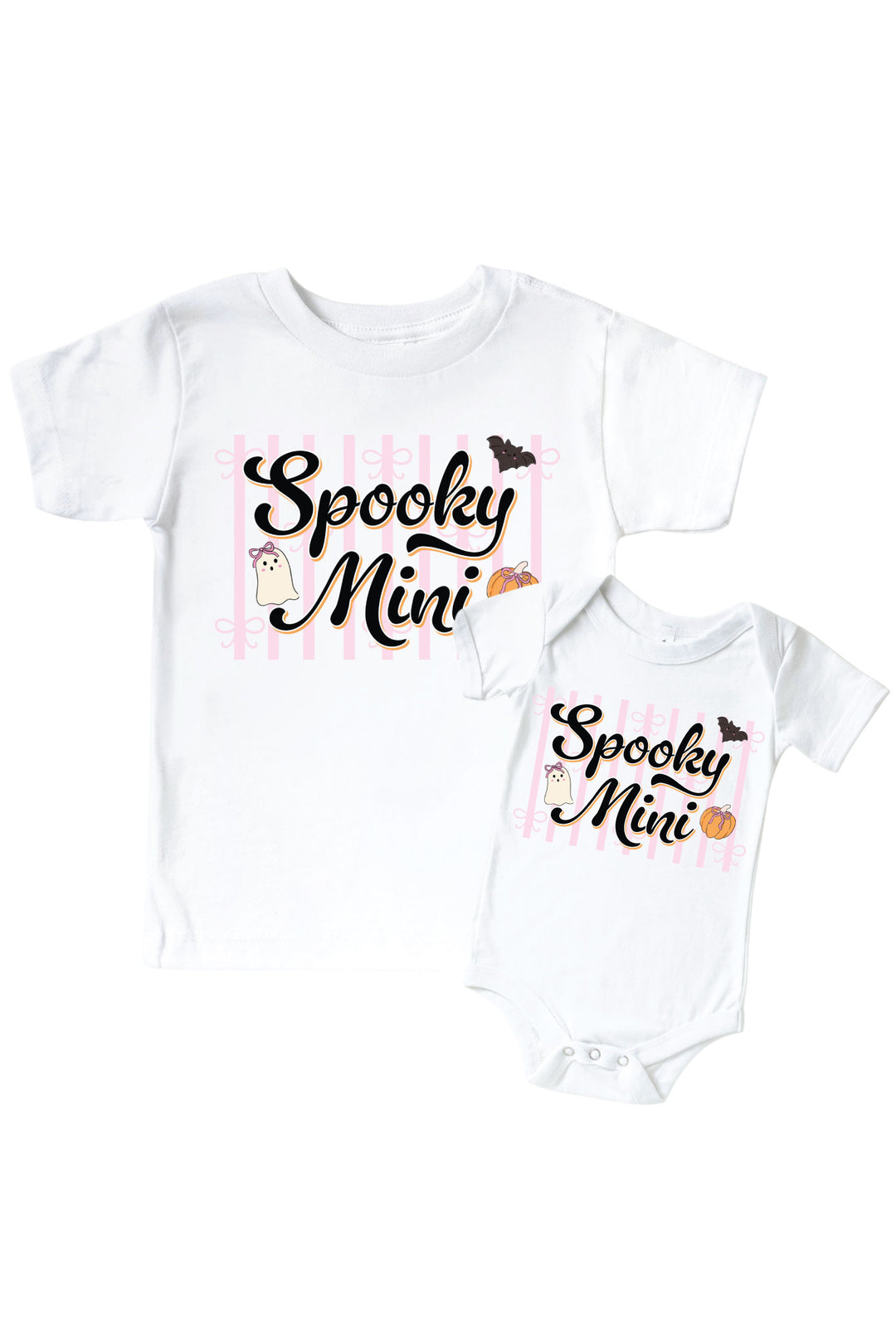 Matching white kids' t-shirt and baby bodysuit, both printed with 'Spooky Mini' text and Halloween graphics of a pumpkin, bat, and ghost.