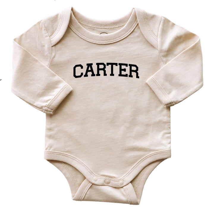 sporty name long sleeve bodysuit for babies