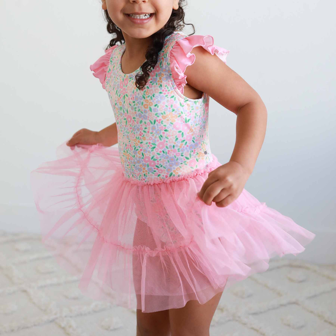spring floral leotard for girls with ruffles on shoulders and tutu 