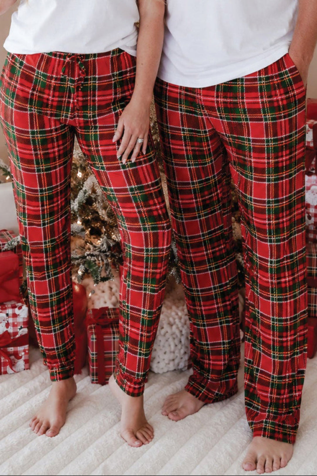 Caden Lane Plaid Tidings adult Christmas pajama pants in classic red and green plaid, shown in jogger and lounge styles for matching family holiday pajamas.
