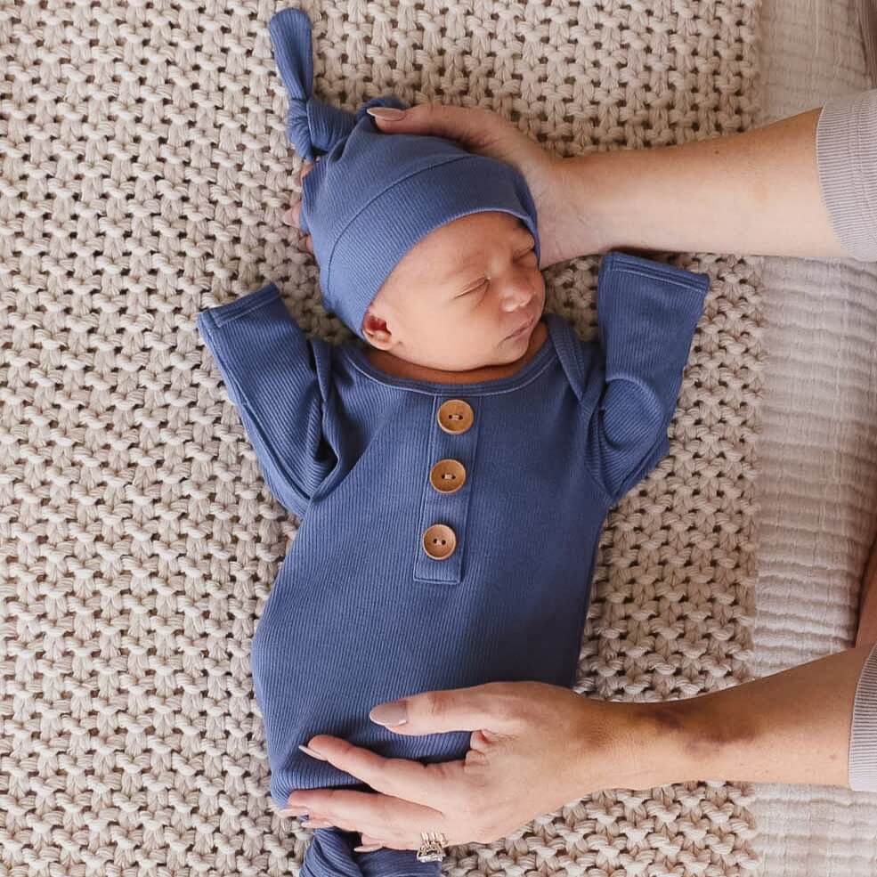 Steel Blue Ribbed Bamboo Baby Knot Gown & Hat | Caden Lane