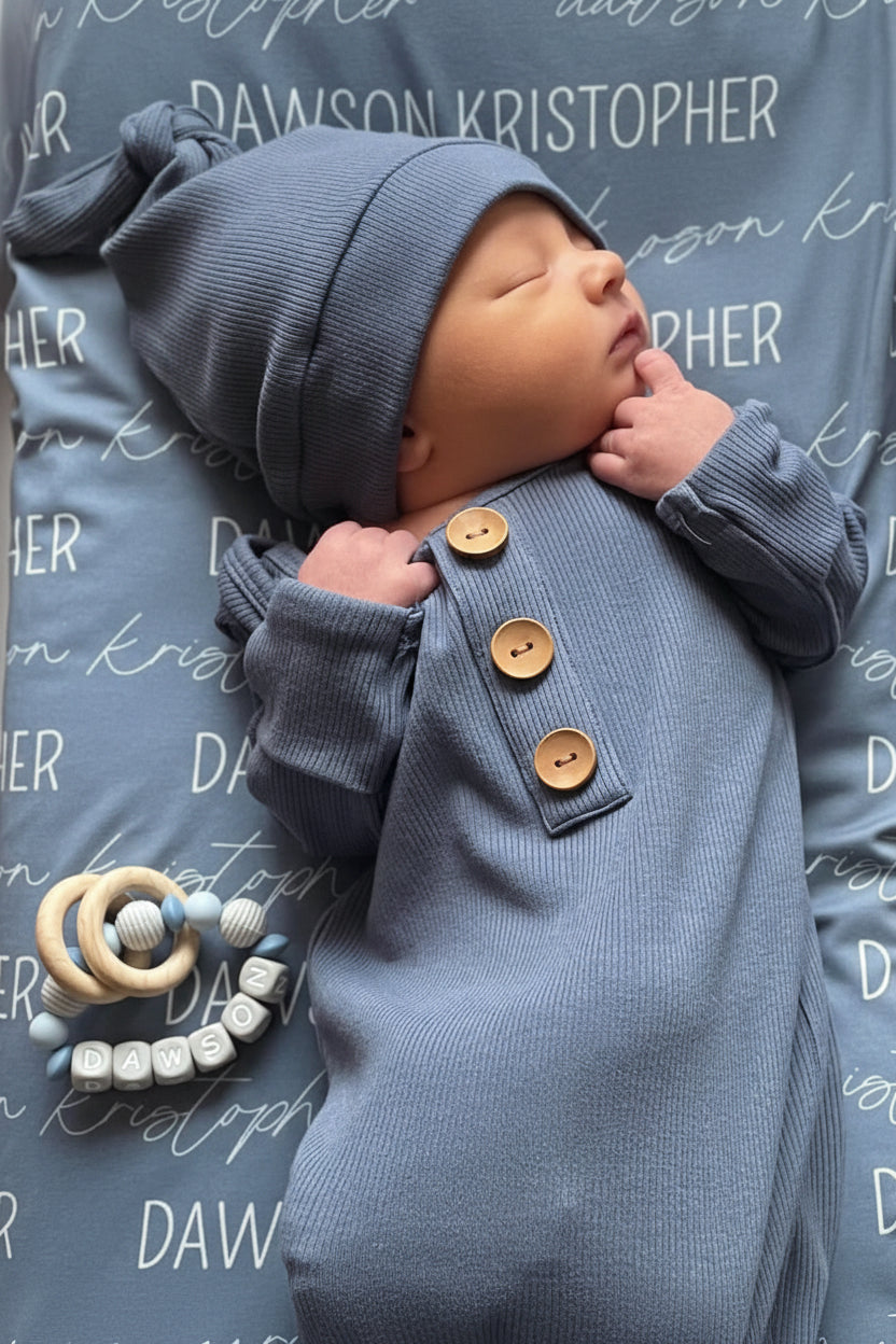 Steel Blue Ribbed Bamboo Baby Knot Gown & Hat