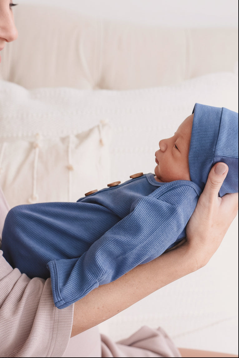 Steel Blue Ribbed Bamboo Baby Knot Gown & Hat | Caden Lane