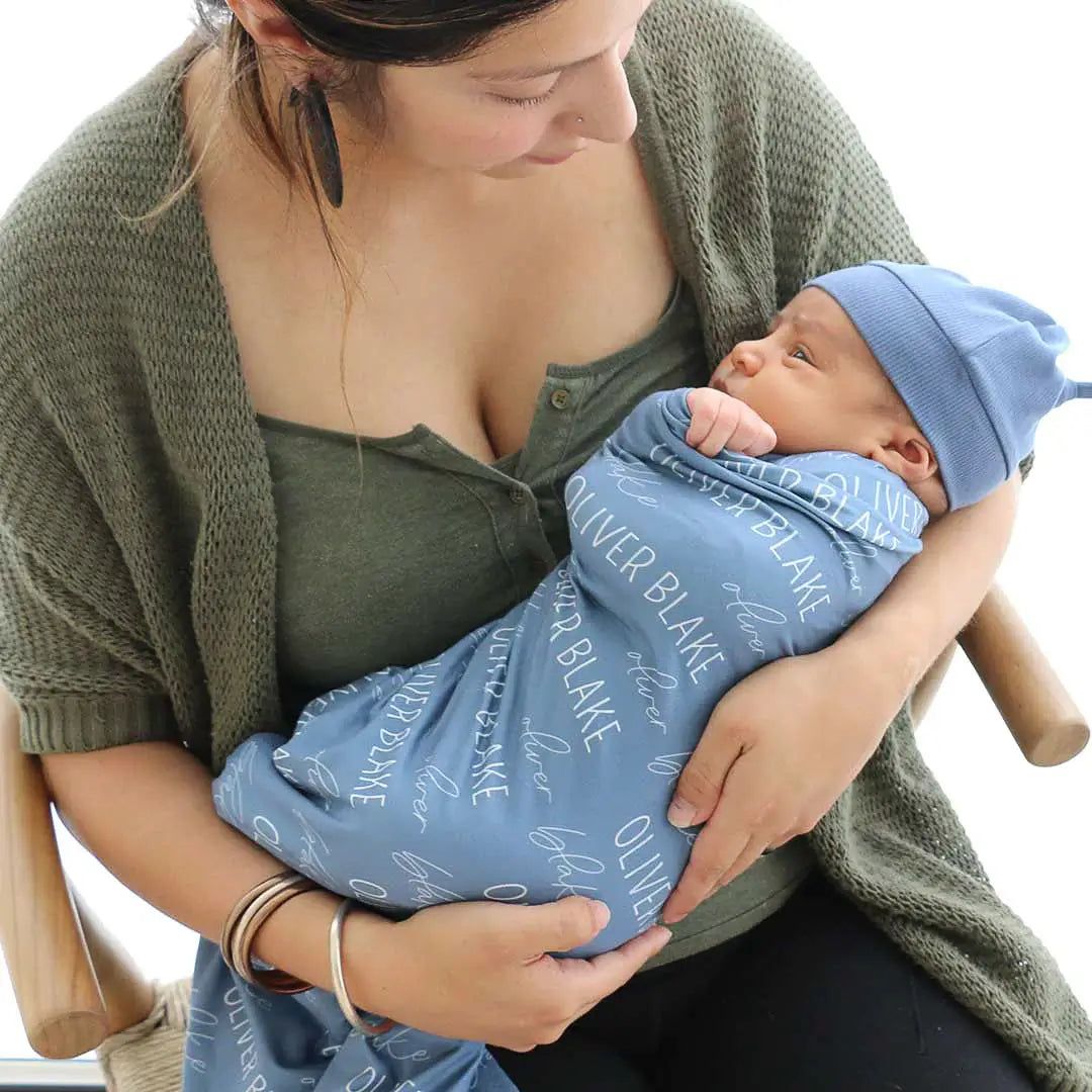 blue swaddle for boy personalized with brain