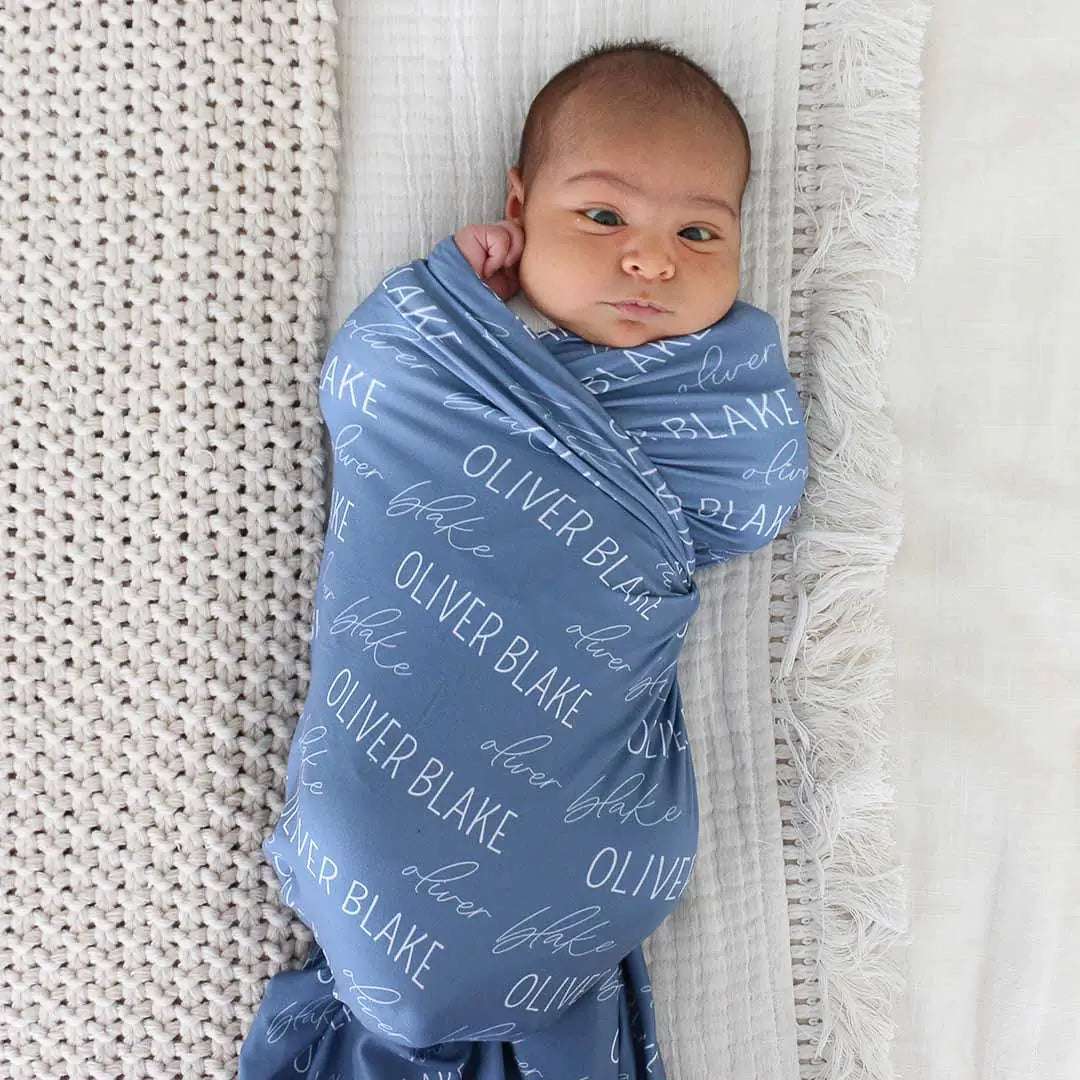 Personalized Steel Blue Baby Name Swaddle Blanket Block Script Caden Lane