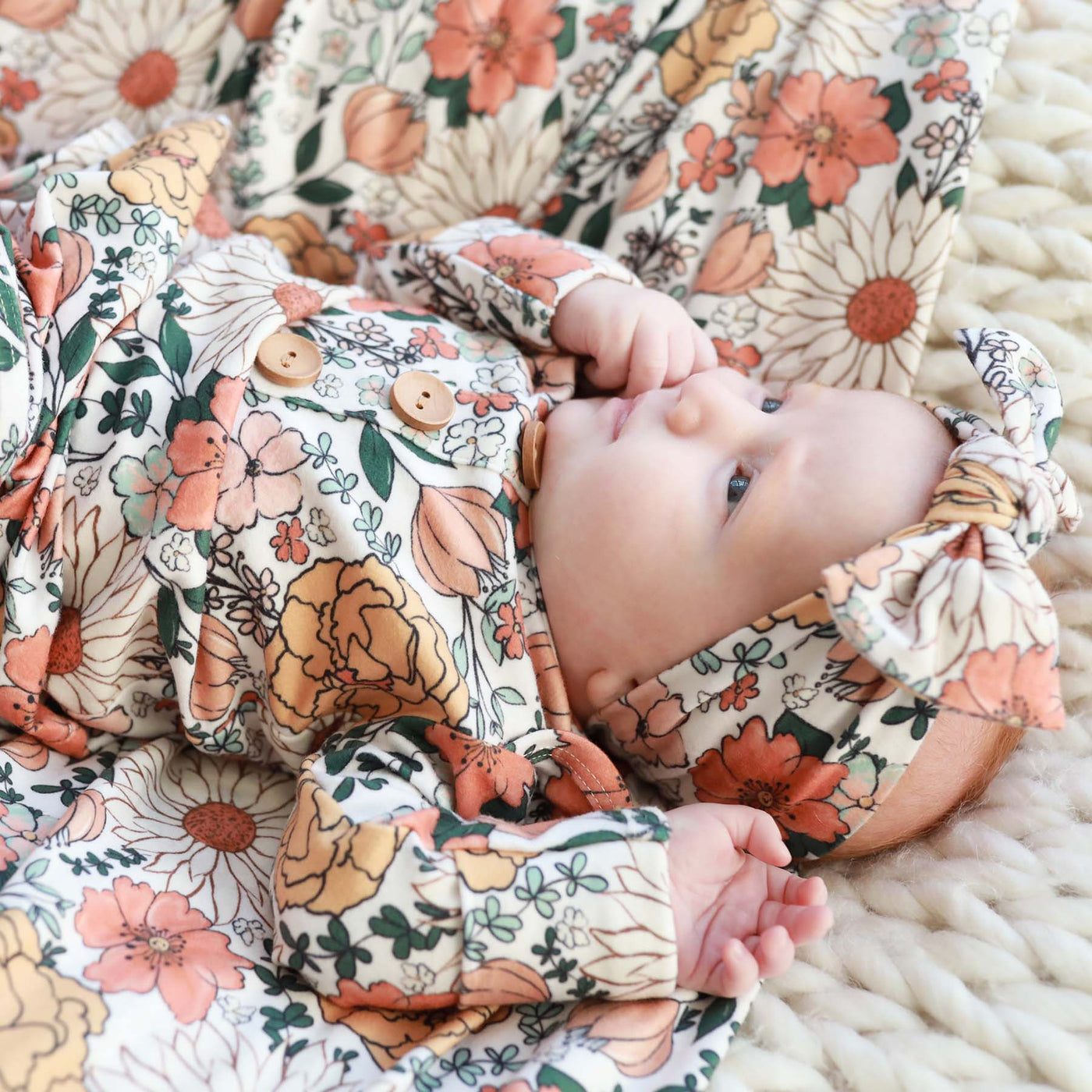 Stevie's Sunset Floral Newborn Baby Knot Gown & Hat Set