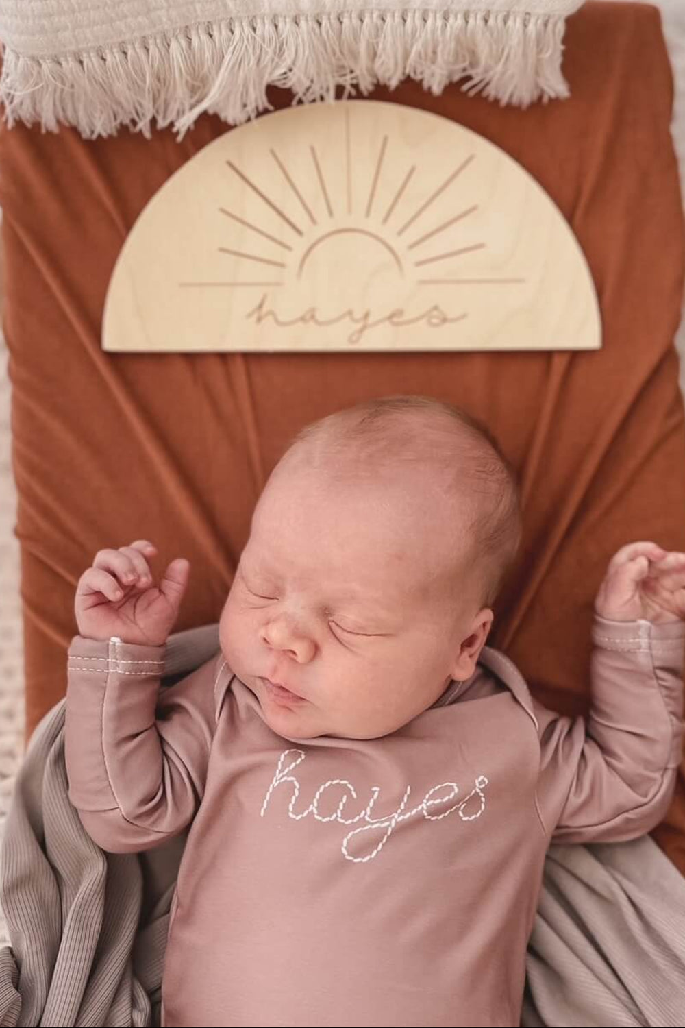 stitched name baby knot gown