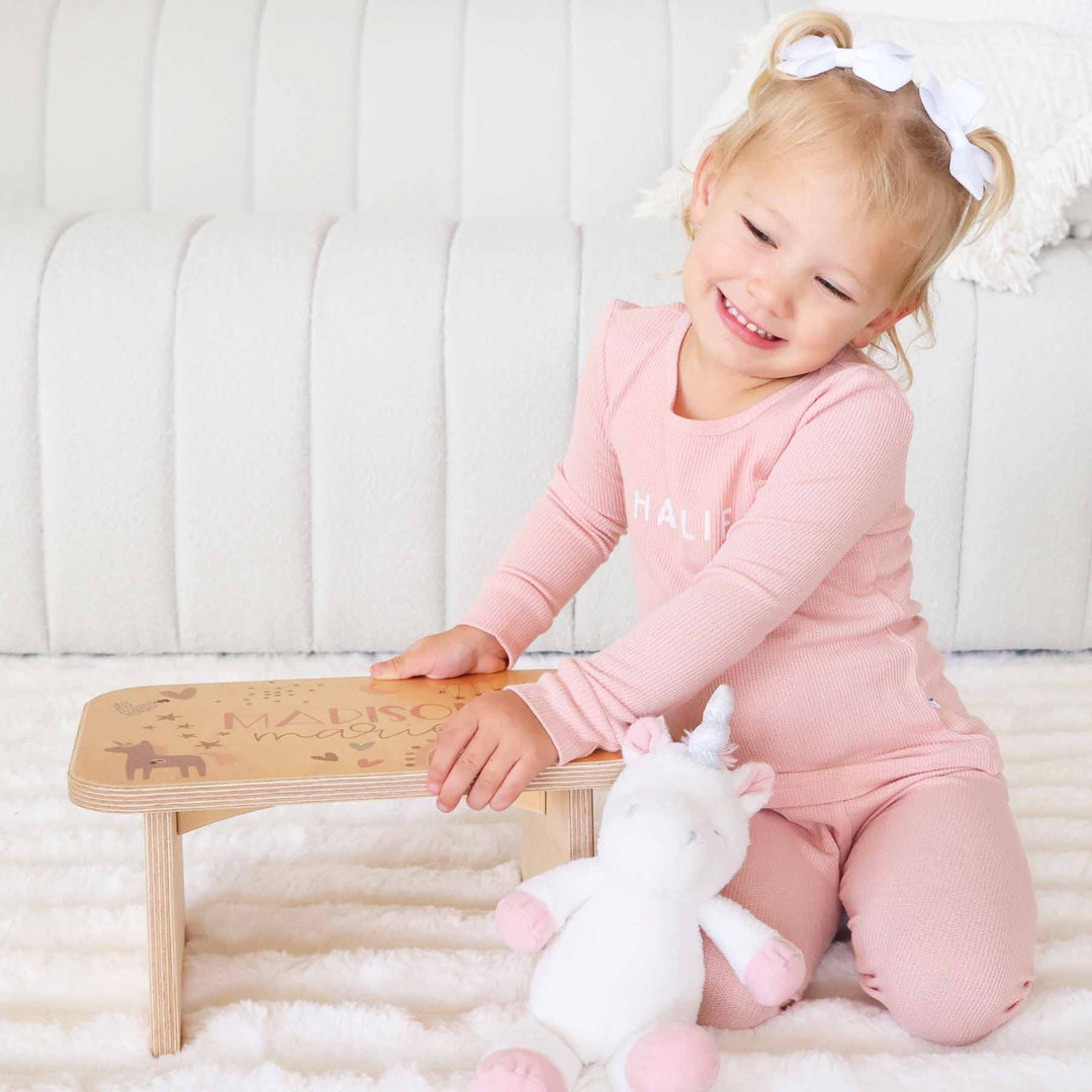 personalized step stool for girls with unicorns and rainbows 