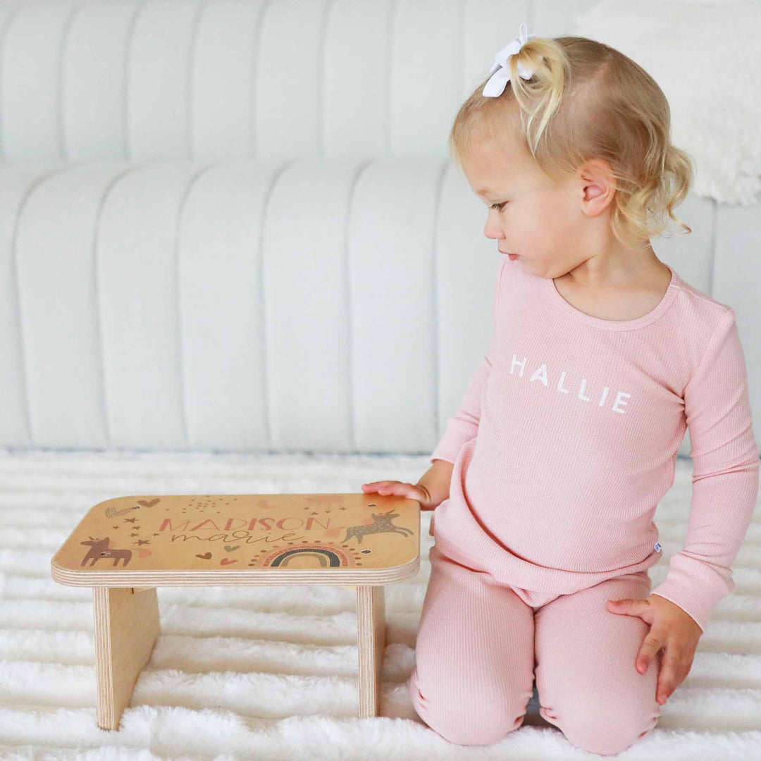 personalized wooden step stool with rainbows and unicorns 