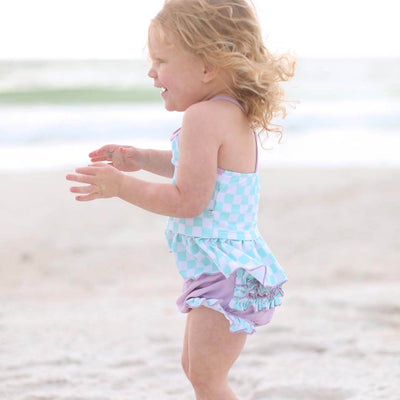 kids tankini with purple and mint check