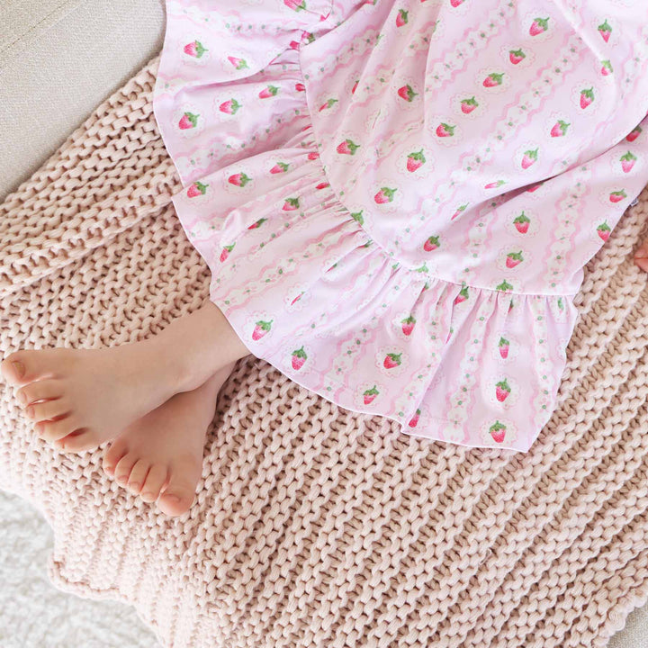 girls polyester nightgown for summer pink with strawberries and flowers 