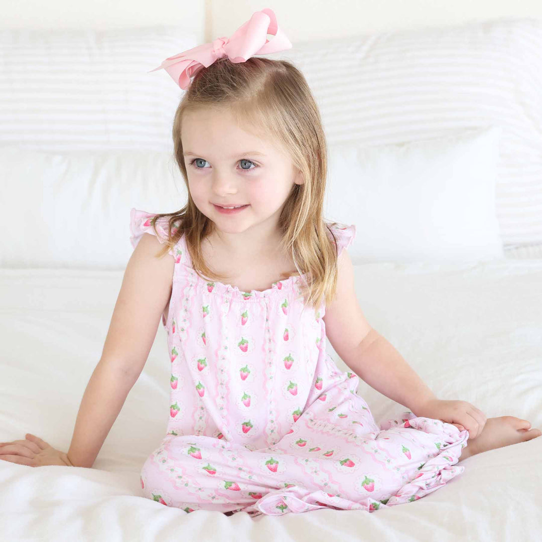 sleeveless full length nightgown for girls with ruffles on the shoulders and strawberries 