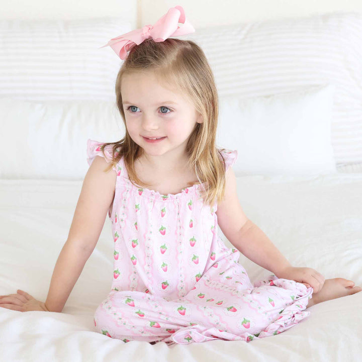sleeveless full length nightgown for girls with ruffles on the shoulders and strawberries 