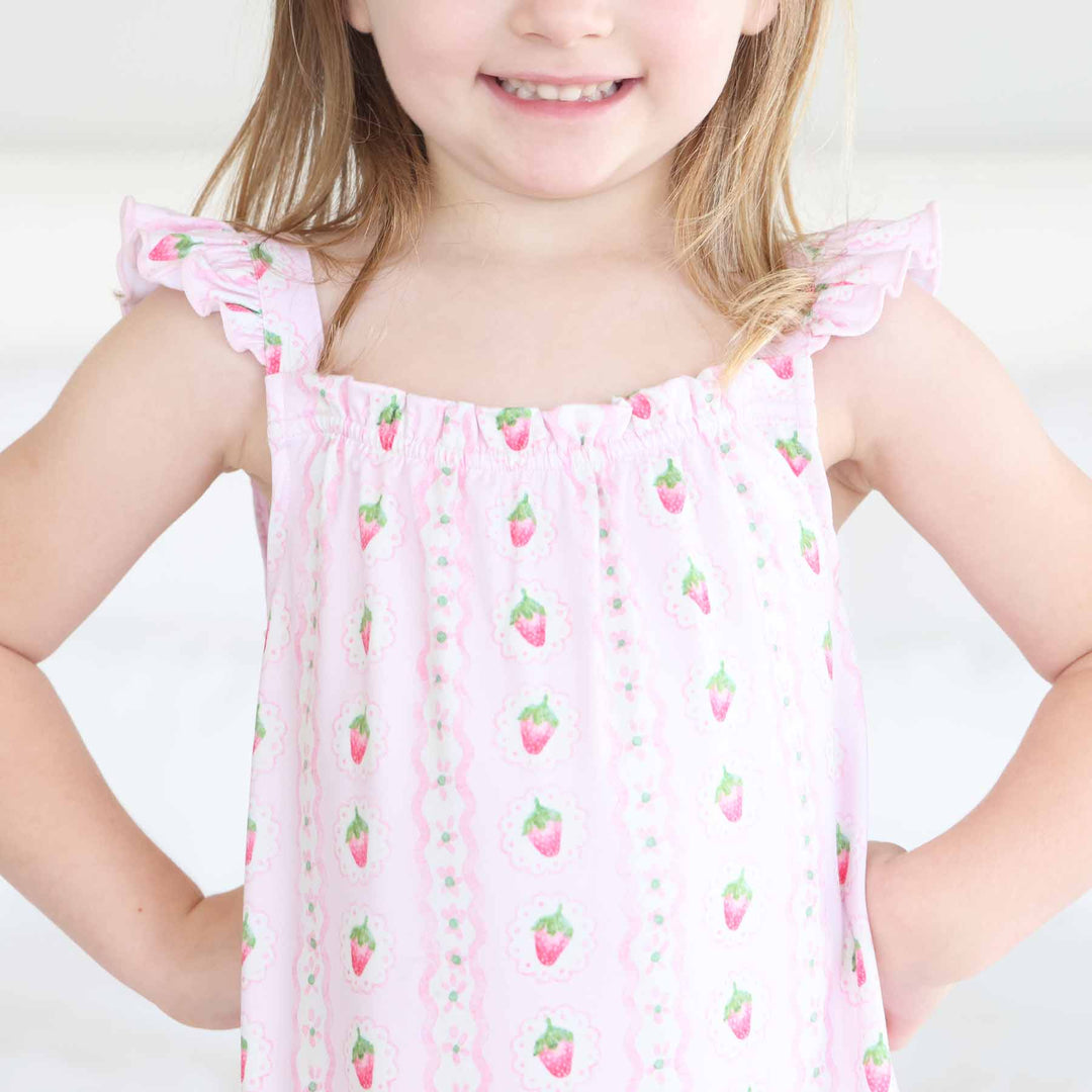 polyester nightgown for girls with strawberries and ruffles on the shoulders 