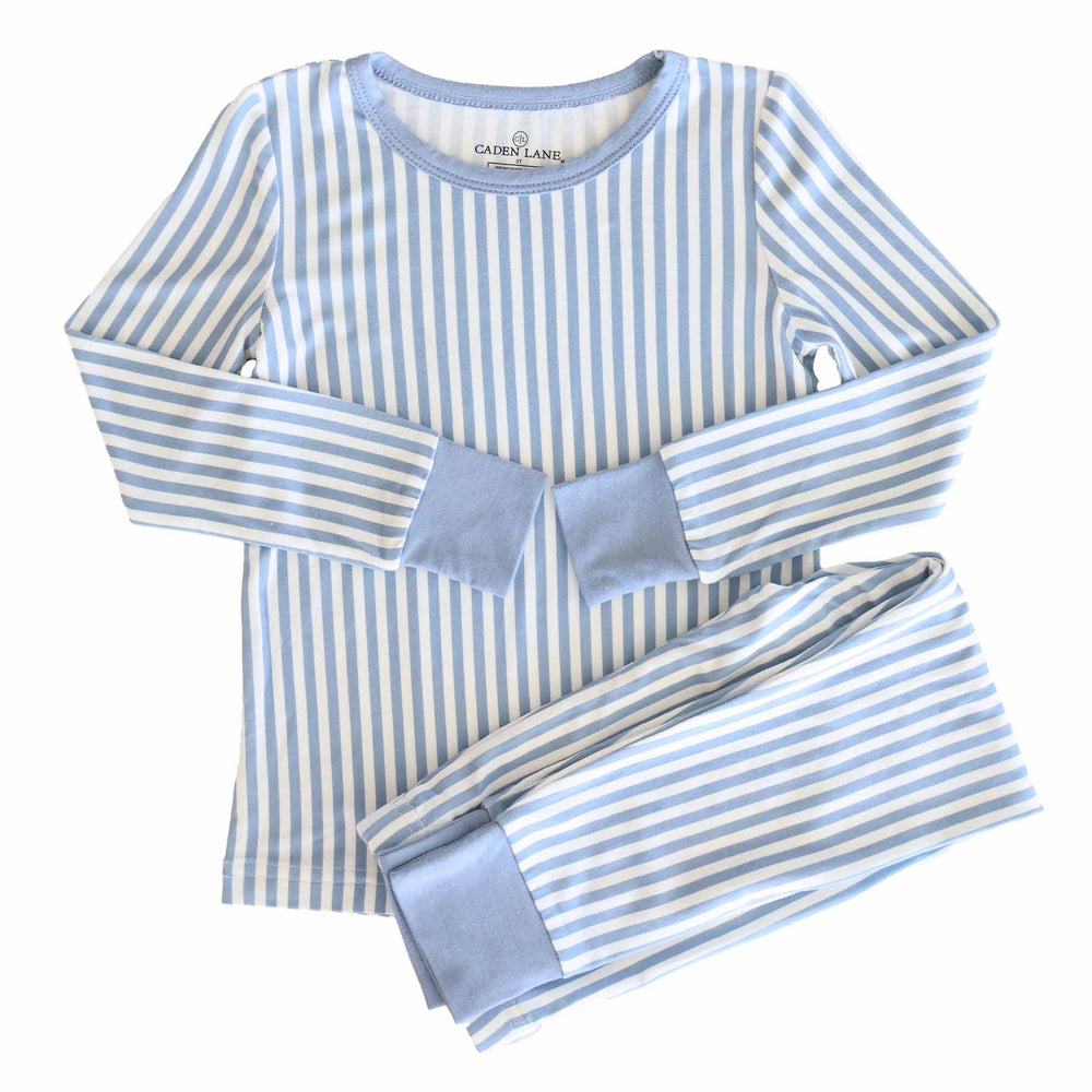 boys bamboo viscose two piece pajama set with blue and white stripes