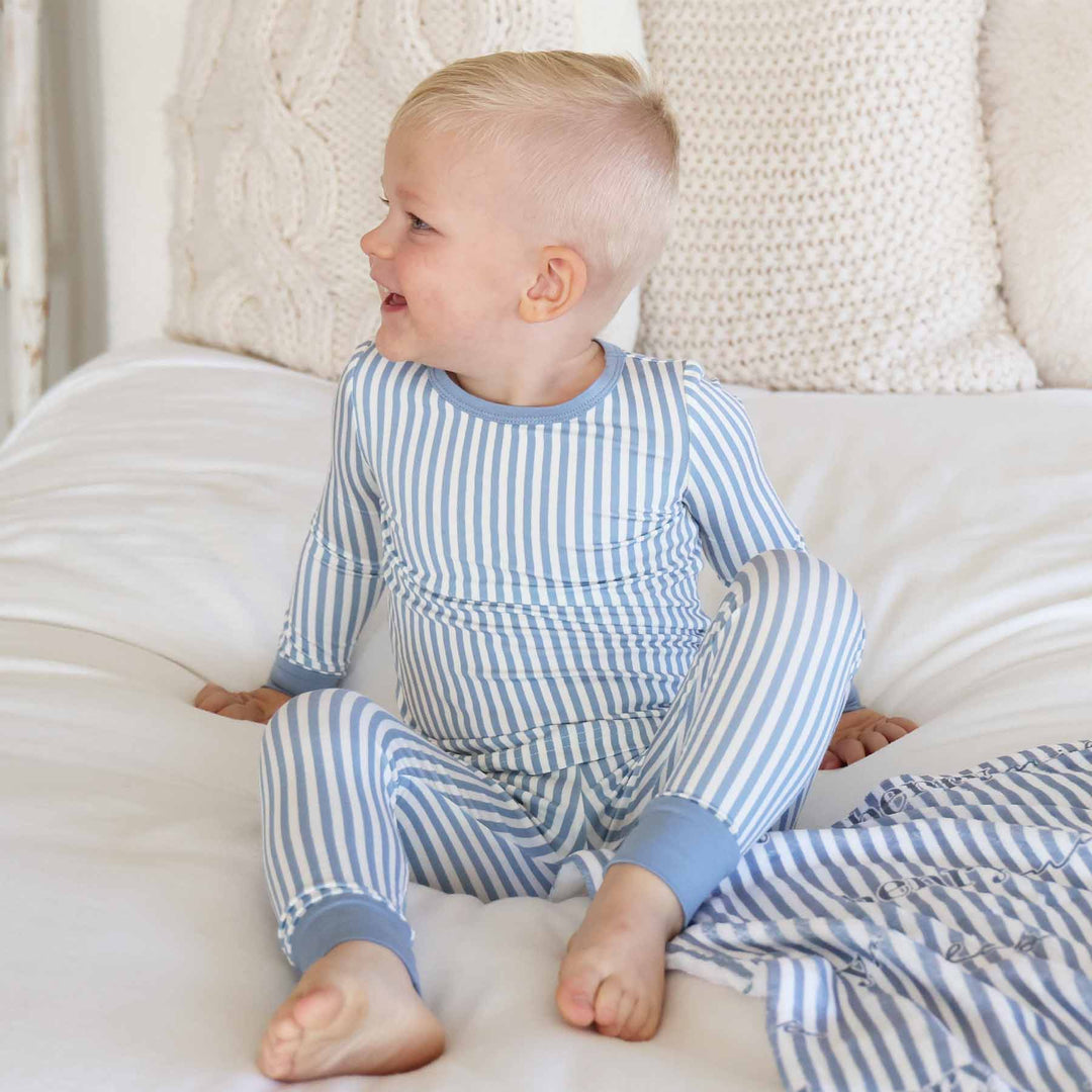 dusty blue and white stripe long sleeve two piece pajama set for boys 
