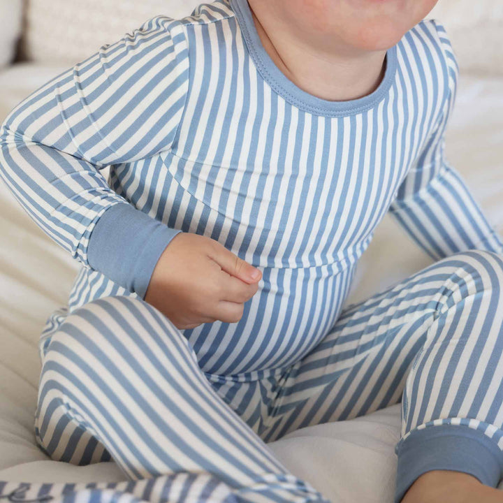 close up of dusty blue and white stripe long sleeve bamboo viscose two piece pajama set 