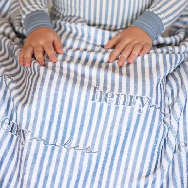 dusty blue and white stripe personalized blanket for kids 