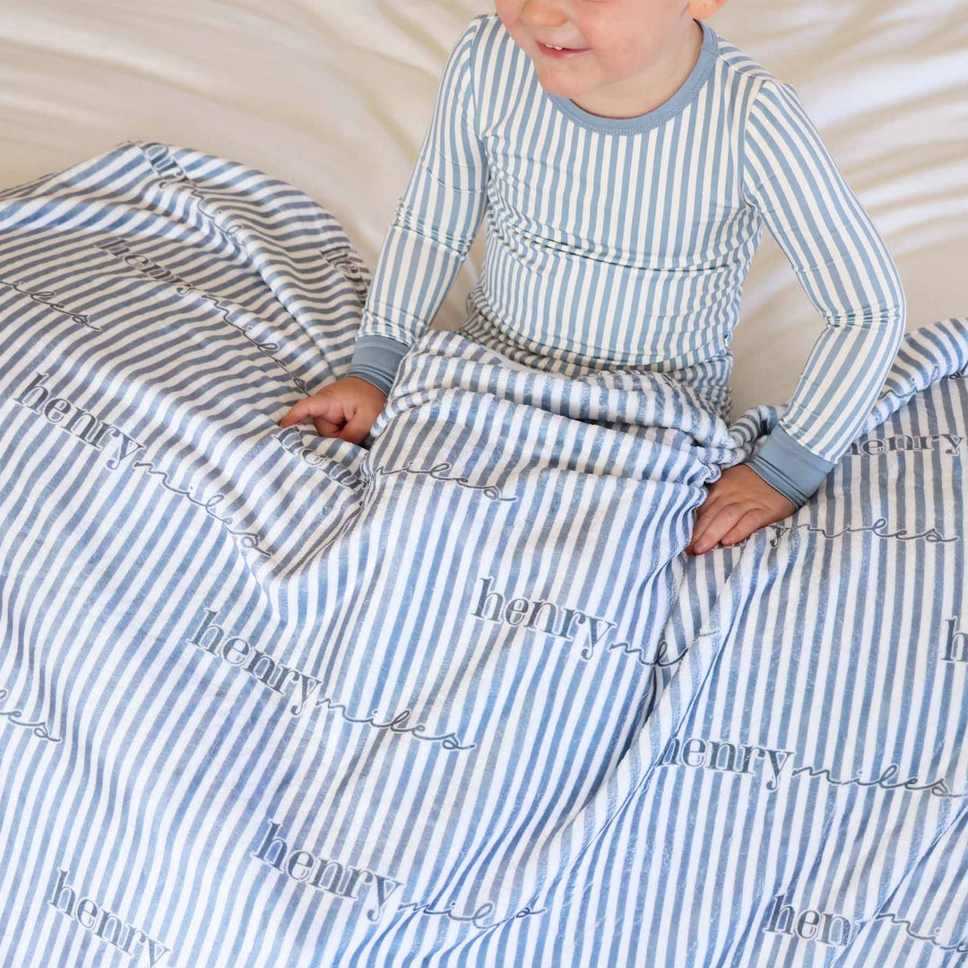 blue and white stripe personalized blanket for kids 
