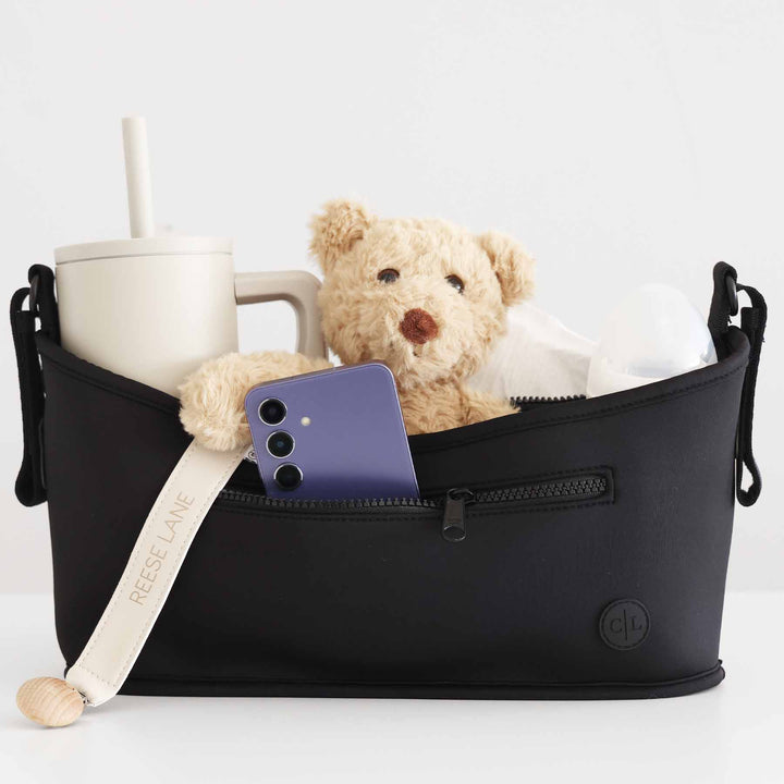 black stroller caddy with velcro straps 