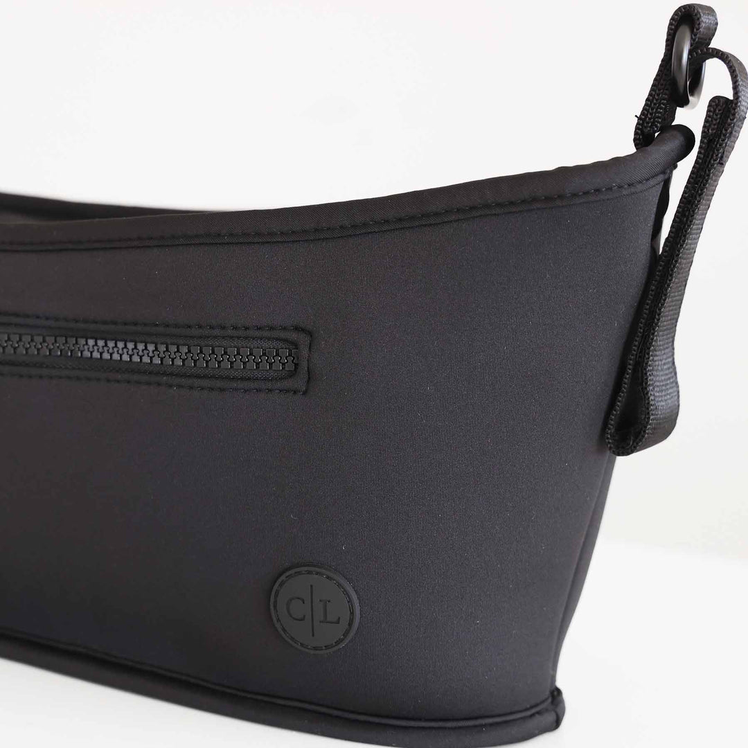 neoprene black stroller caddy with an outside pocket